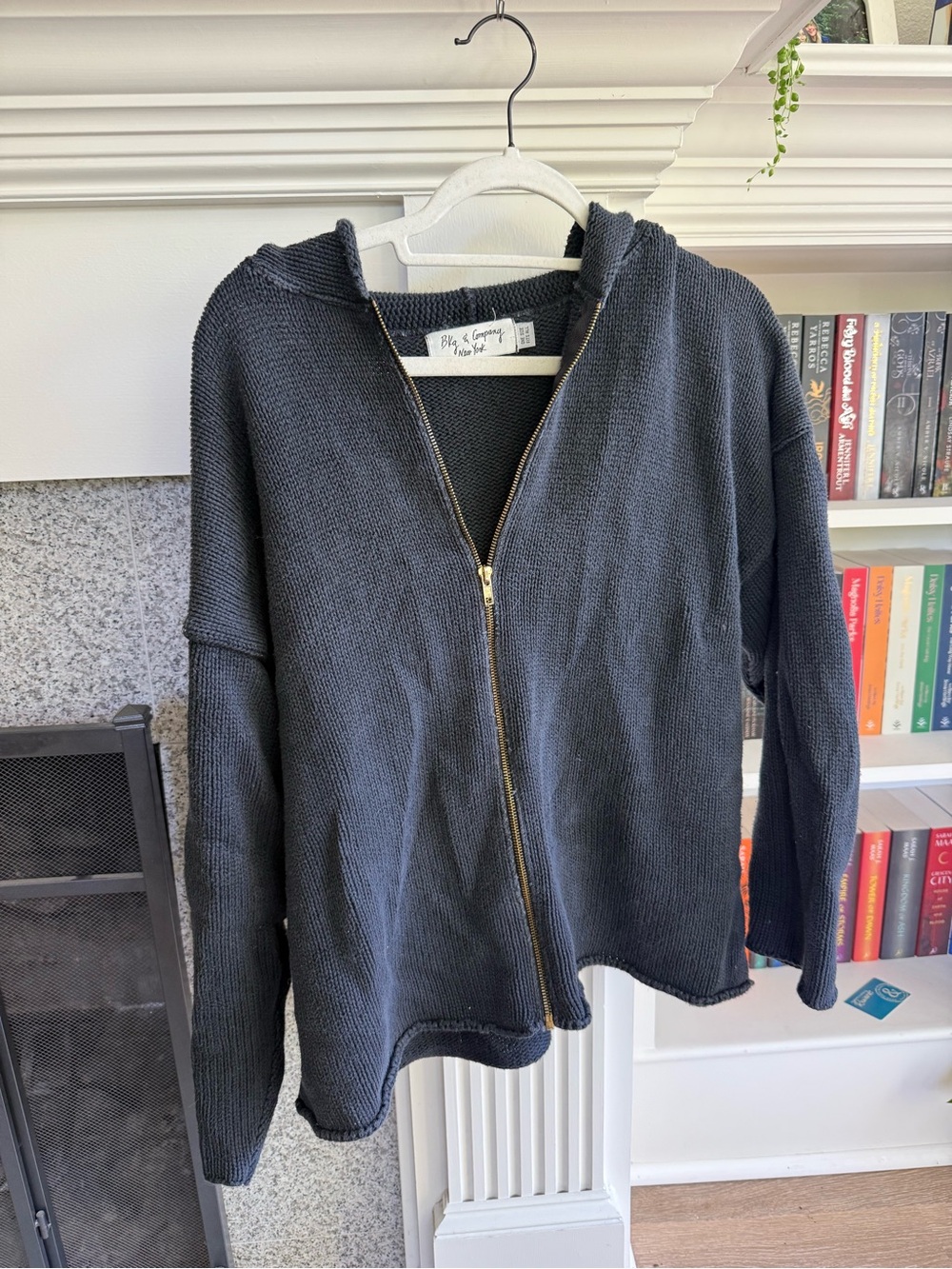Vintage Black Hooded Zip Knit Cardigan Sweater